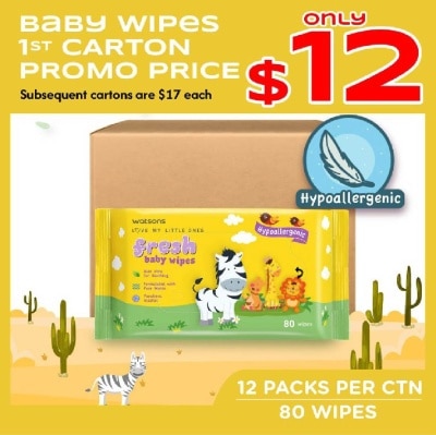 WATSONS Watsons Hypoallergenic Fresh Baby Wipes 80s x 12 packs (For Sensitive Skin)