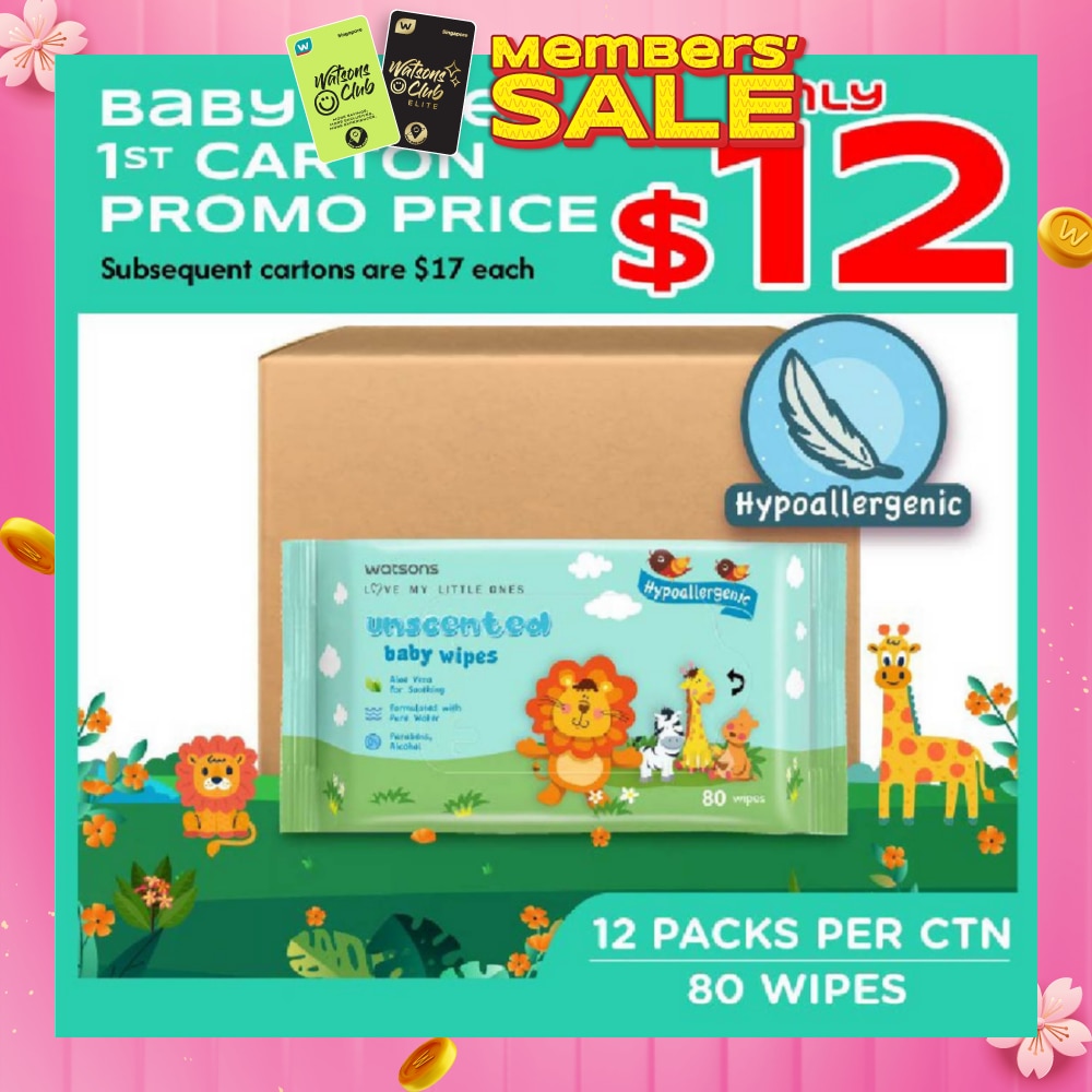 Unscented Baby Wipes Hypoallergenic (Made For Baby's Sensitive Skin + Approved By Eurotox Accredited Toxicologist) 80s X 12 Packs (per carton)