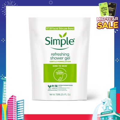 SIMPLE Kind To Skin (Kts) Refreshing Shower Gel Refill (No Soap Or Harsh Chemicals, No Artificial Perfume Or Colour, No Animal Derived Ingredients) 750ml