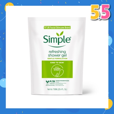 SIMPLE Kind To Skin (Kts) Refreshing Shower Gel Refill (No Soap Or Harsh Chemicals, No Artificial Perfume Or Colour, No Animal Derived Ingredients) 750ml