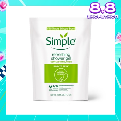 SIMPLE Kind To Skin (Kts) Refreshing Shower Gel Refill (No Soap Or Harsh Chemicals, No Artificial Perfume Or Colour, No Animal Derived Ingredients) 750ml