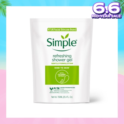 SIMPLE Kind To Skin (Kts) Refreshing Shower Gel Refill (No Soap Or Harsh Chemicals, No Artificial Perfume Or Colour, No Animal Derived Ingredients) 750ml