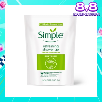 SIMPLE Kind To Skin (Kts) Refreshing Shower Gel Refill (No Soap Or Harsh Chemicals, No Artificial Perfume Or Colour, No Animal Derived Ingredients) 750ml