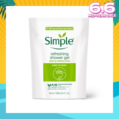 SIMPLE Kind To Skin (Kts) Refreshing Shower Gel Refill (No Soap Or Harsh Chemicals, No Artificial Perfume Or Colour, No Animal Derived Ingredients) 750ml