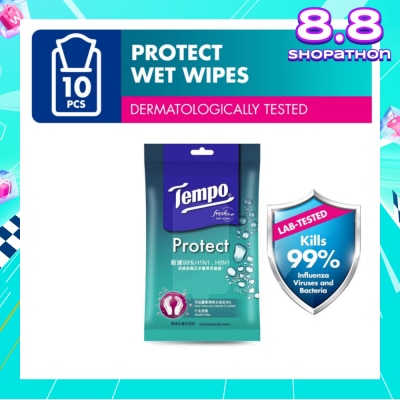 TEMPO Protect Mini Antibacterial Wet Wipes Handy Size (Kills 99% Influenza Viruses & Bacteria) 10 Sheets