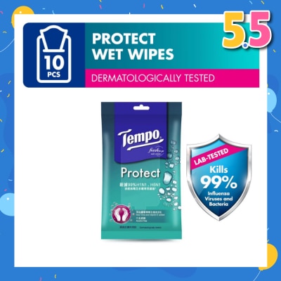 TEMPO Protect Mini Antibacterial Wet Wipes Handy Size (Kills 99% Influenza Viruses & Bacteria) 10 Sheets