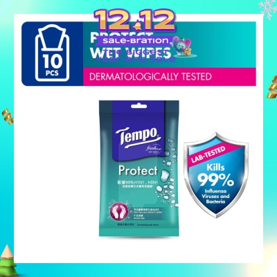 TEMPO Protect Mini Antibacterial Wet Wipes Handy Size (Kills 99% Influenza Viruses & Bacteria) 10 Sheets