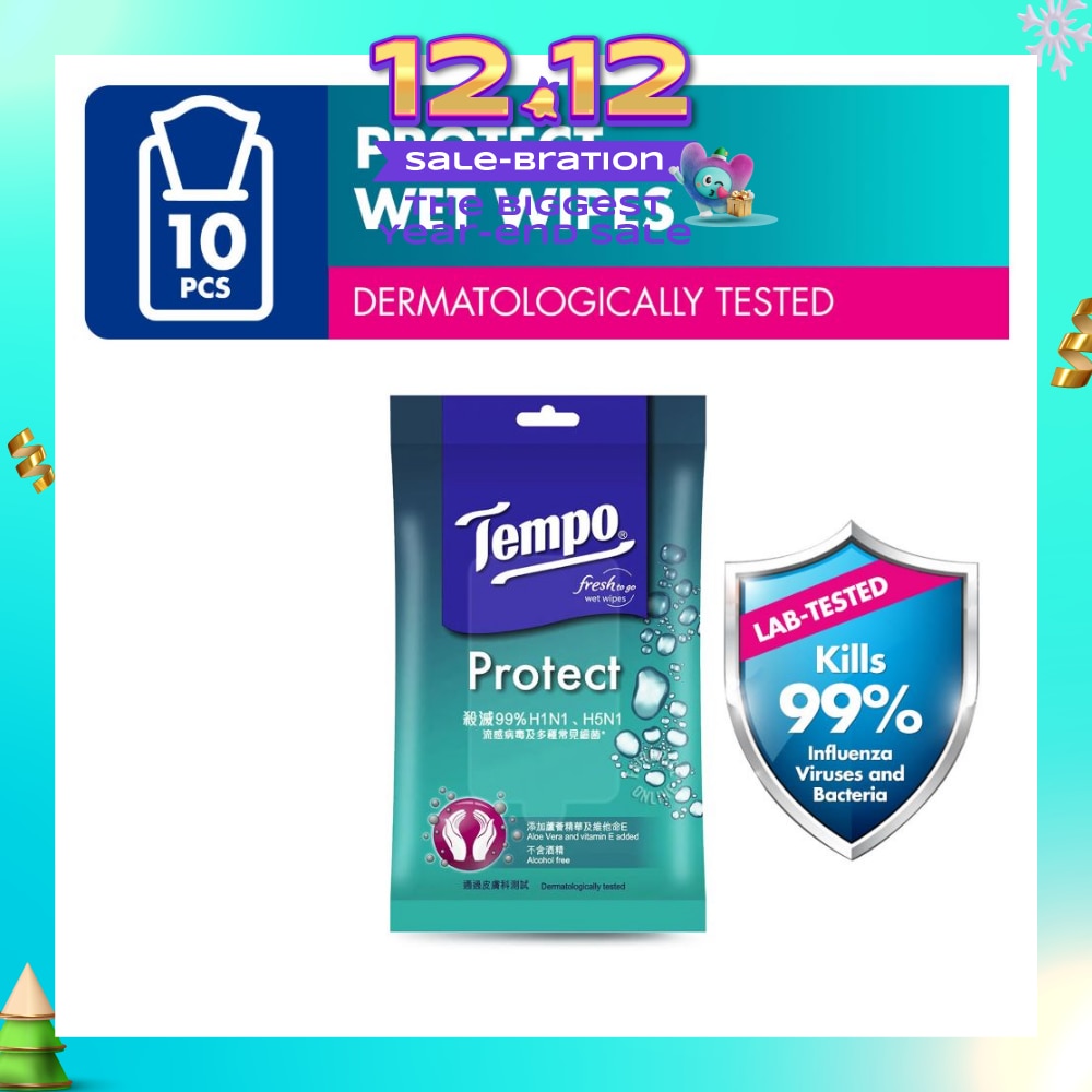 Protect Mini Antibacterial Wet Wipes Handy Size (Kills 99% Influenza Viruses & Bacteria) 10 Sheets