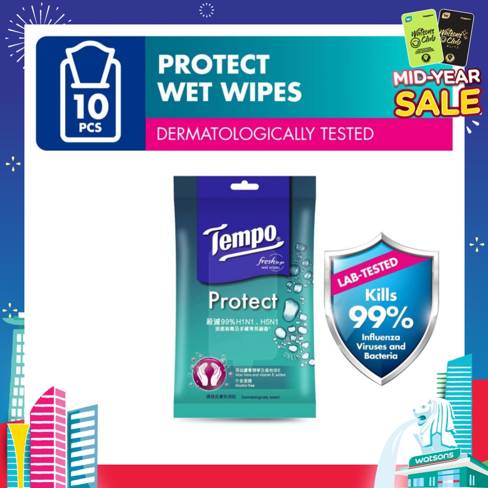 Protect Mini Antibacterial Wet Wipes Handy Size (Kills 99% Influenza Viruses & Bacteria) 10 Sheets