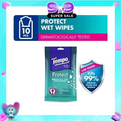 TEMPO - Protect Mini Antibacterial Wet Wipes Handy Size (Kills 99% Influenza Viruses & Bacteria) 10 Sheets image