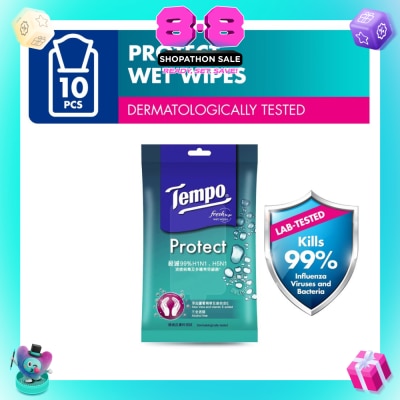 TEMPO - Protect Mini Antibacterial Wet Wipes Handy Size (Kills 99% Influenza Viruses & Bacteria) 10 Sheets