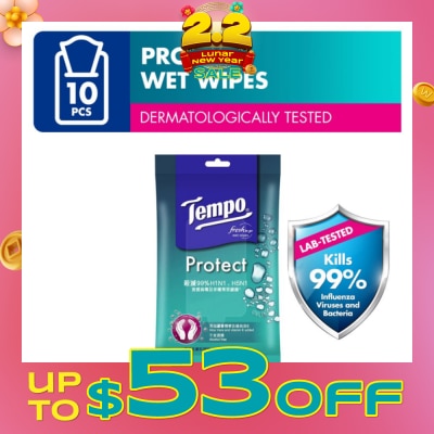 TEMPO Protect Mini Antibacterial Wet Wipes Handy Size (Kills 99% Influenza Viruses & Bacteria) 10 Sheets