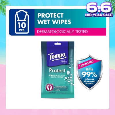 TEMPO Protect Mini Antibacterial Wet Wipes Handy Size (Kills 99% Influenza Viruses & Bacteria) 10 Sheets