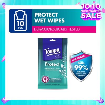 TEMPO Protect Mini Antibacterial Wet Wipes Handy Size (Kills 99% Influenza Viruses & Bacteria) 10 Sheets