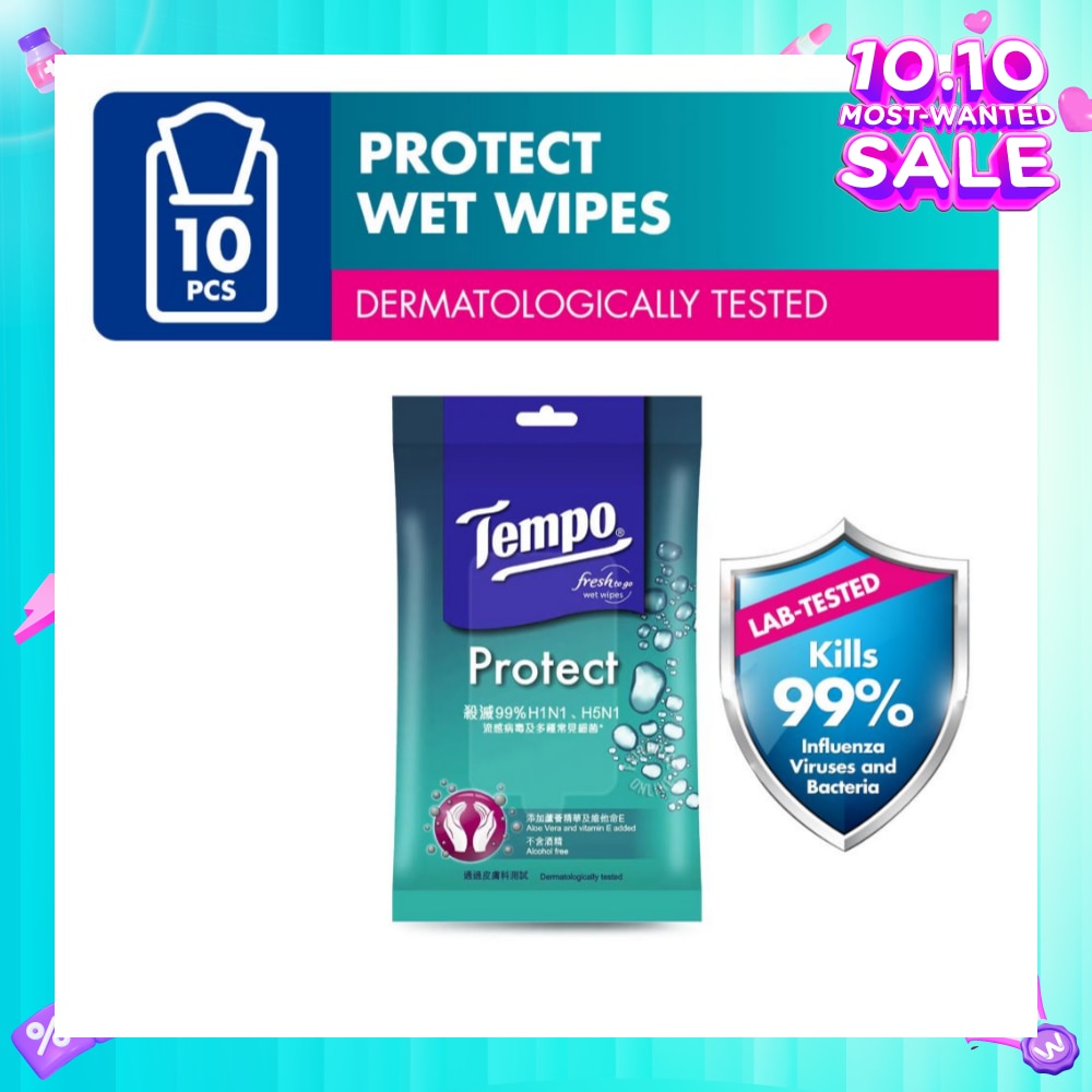Protect Mini Antibacterial Wet Wipes Handy Size (Kills 99% Influenza Viruses & Bacteria) 10 Sheets