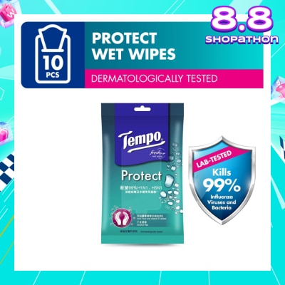 TEMPO Protect Mini Antibacterial Wet Wipes Handy Size (Kills 99% Influenza Viruses & Bacteria) 10 Sheets
