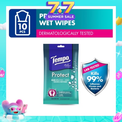 TEMPO - Protect Mini Antibacterial Wet Wipes Handy Size (Kills 99% Influenza Viruses & Bacteria) 10 Sheets