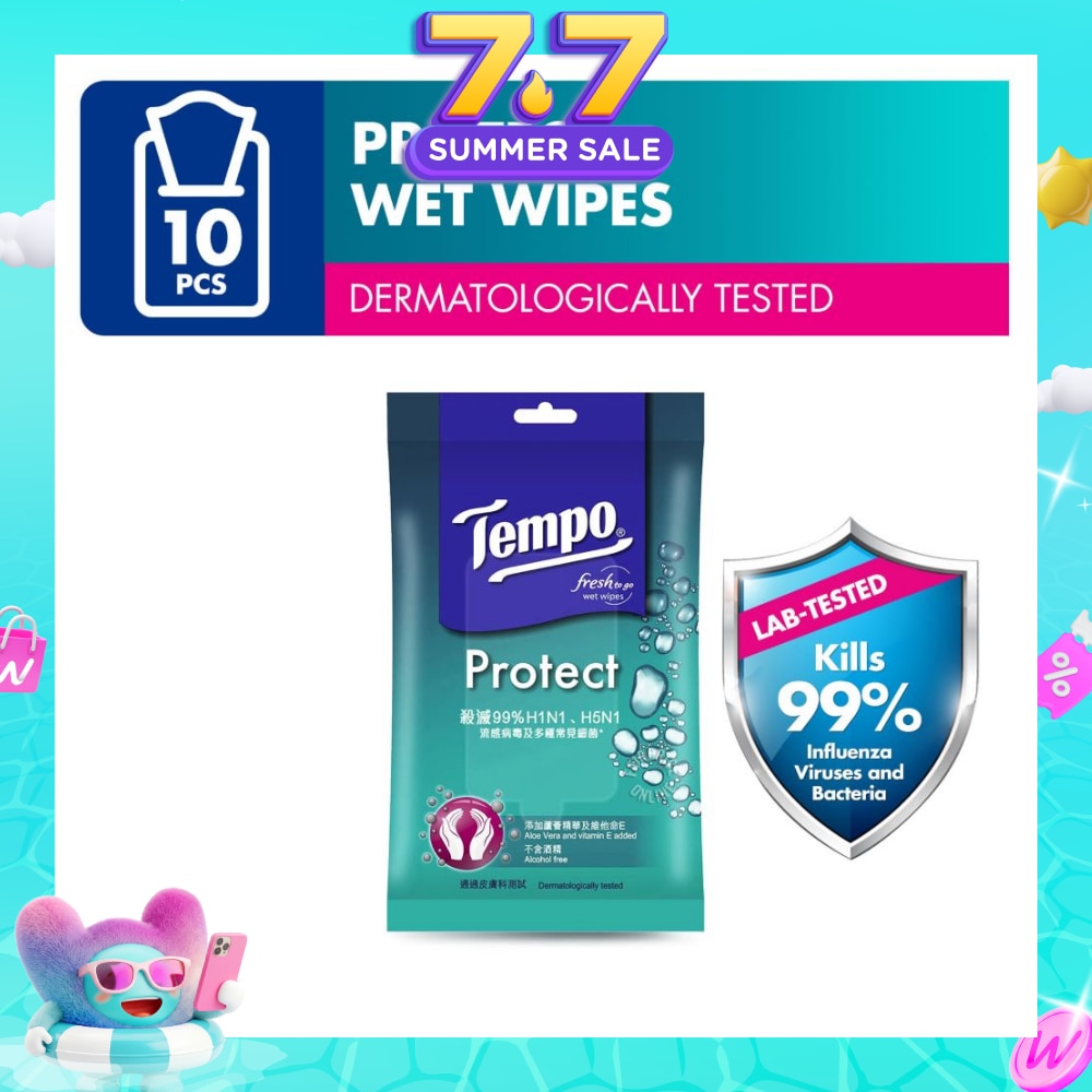 Protect Mini Antibacterial Wet Wipes Handy Size (Kills 99% Influenza Viruses & Bacteria) 10 Sheets