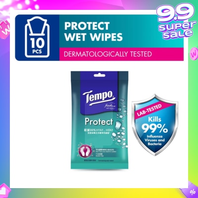 TEMPO Protect Mini Antibacterial Wet Wipes Handy Size (Kills 99% Influenza Viruses & Bacteria) 10 Sheets