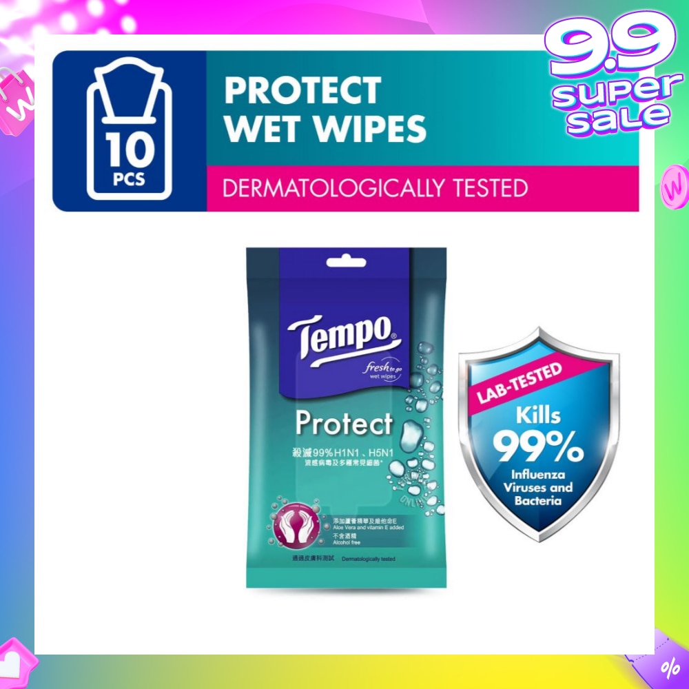 Protect Mini Antibacterial Wet Wipes Handy Size (Kills 99% Influenza Viruses & Bacteria) 10 Sheets