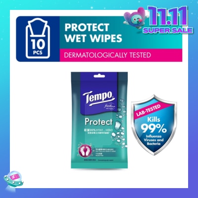 TEMPO Protect Mini Antibacterial Wet Wipes Handy Size (Kills 99% Influenza Viruses & Bacteria) 10 Sheets