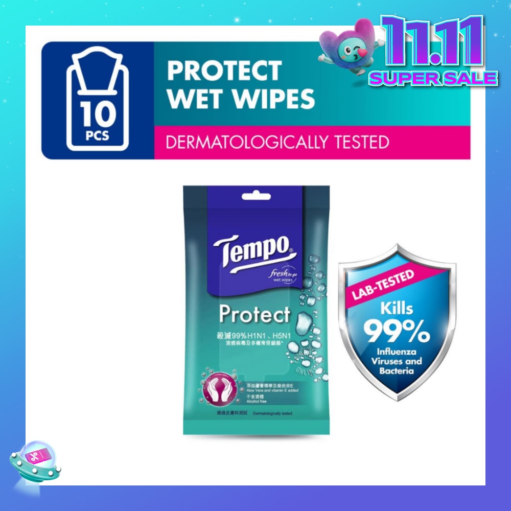 Protect Mini Antibacterial Wet Wipes Handy Size (Kills 99% Influenza Viruses & Bacteria) 10 Sheets