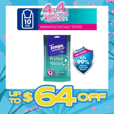 TEMPO - Protect Mini Antibacterial Wet Wipes Handy Size (Kills 99% Influenza Viruses & Bacteria) 10 Sheets