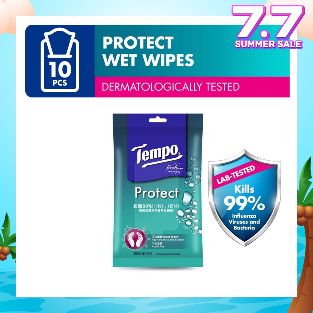 Protect Mini Antibacterial Wet Wipes Handy Size (Kills 99% Influenza Viruses & Bacteria) 10 Sheets