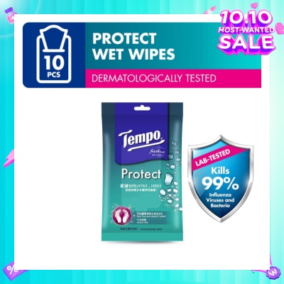 TEMPO Protect Mini Antibacterial Wet Wipes Handy Size (Kills 99% Influenza Viruses & Bacteria) 10 Sheets