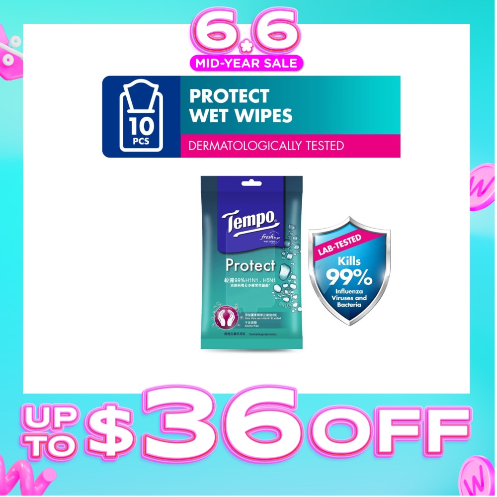 Protect Mini Antibacterial Wet Wipes Handy Size (Kills 99% Influenza Viruses & Bacteria) 10 Sheets