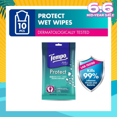 TEMPO Protect Mini Antibacterial Wet Wipes Handy Size (Kills 99% Influenza Viruses & Bacteria) 10 Sheets
