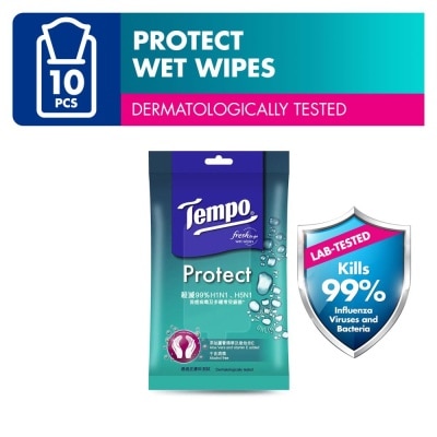 TEMPO Protect Mini Antibacterial Wet Wipes Handy Size (Kills 99% Influenza Viruses & Bacteria) 10 Sheets