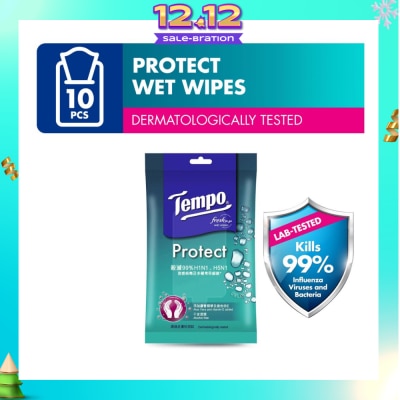 TEMPO Protect Mini Antibacterial Wet Wipes Handy Size (Kills 99% Influenza Viruses & Bacteria) 10 Sheets