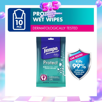 TEMPO - Protect Mini Antibacterial Wet Wipes Handy Size (Kills 99% Influenza Viruses & Bacteria) 10 Sheets