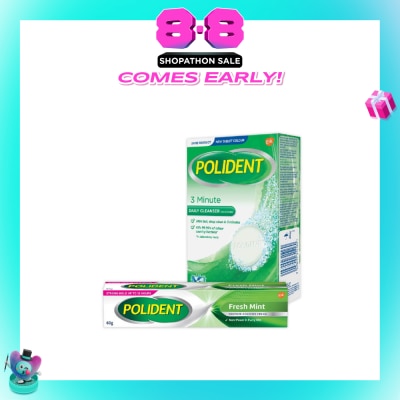 POLIDENT - Fresh Mint Denture Adhesive Cream + 3 Minutes Denture Care & Cleanser Tablet Bundle Set 1s