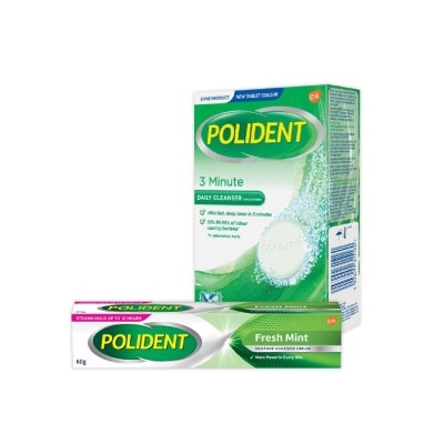 POLIDENT Fresh Mint Denture Adhesive Cream +  3 Minutes Denture Care & Cleanser Tablet Bundle Set 1s