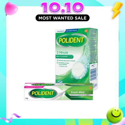POLIDENT Fresh Mint Denture Adhesive Cream + 3 Minutes Denture Care & Cleanser Tablet Bundle Set 1s image