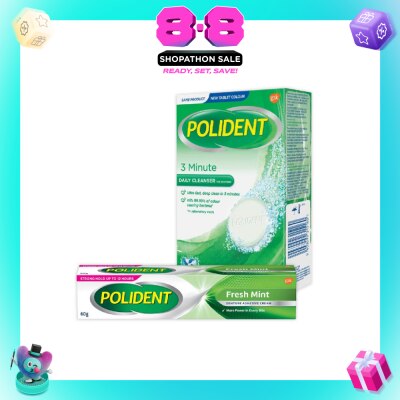 POLIDENT - Fresh Mint Denture Adhesive Cream +  3 Minutes Denture Care & Cleanser Tablet Bundle Set 1s