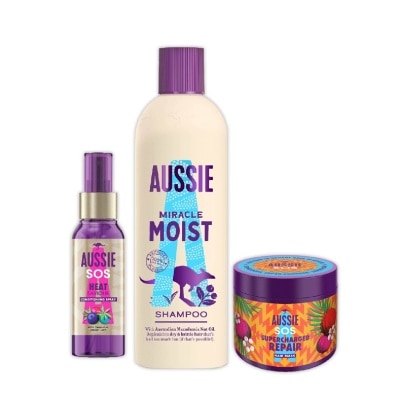 AUSSIE Miracle Moist Shampoo + SOS Supercharged Repair Vegan Hair Mask +  Instant Heat Protection Spray Bundle Set 1s