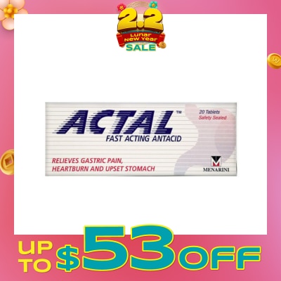 ACTAL Fast Acting Antacid Tablets (Relieves Gastric Pain, Heartburn & Upset Stomach) 20s