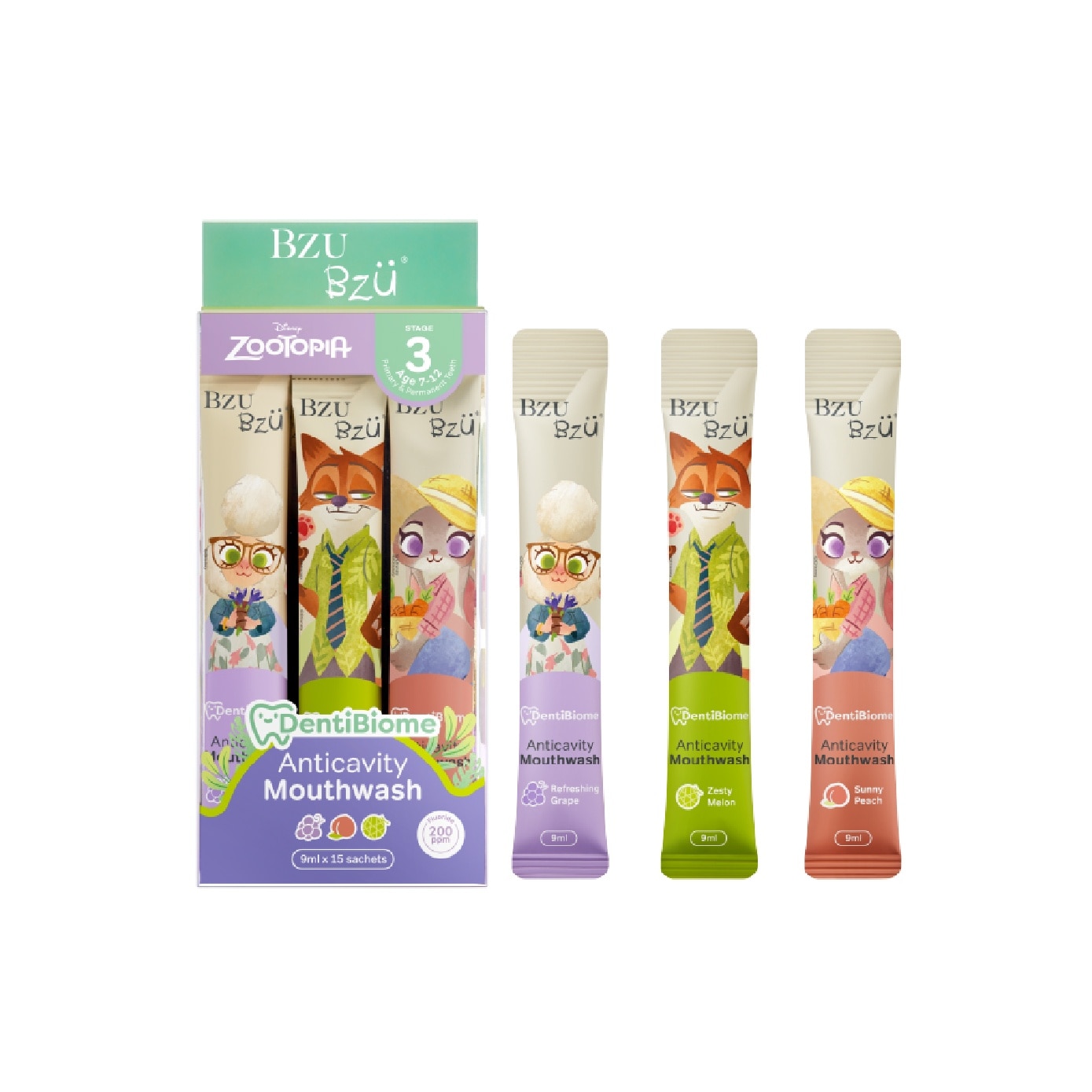 DentiBiome Zootopia Anticavity Mixed Flavour Sachet Mouthwash (Stage 3, for Age 7-12) 9ml x 15s