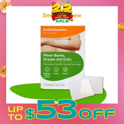 SMITH & NEPHEW Medicated Paraffin Gauze Dressing (5cm x 5cm) 5s