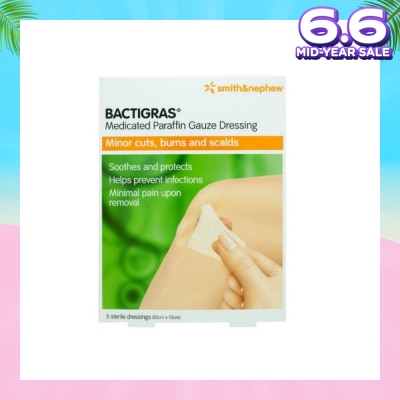 SMITH & NEPHEW Bactigras Medicated Paraffin Gauze Dressing Sterile (10cm x 10cm) 5s (Expiry: Feb`2026)