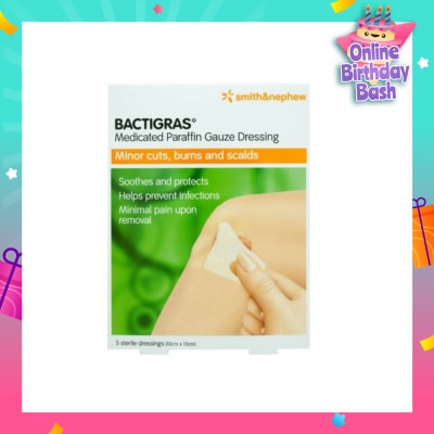 SMITH & NEPHEW Bactigras Medicated Paraffin Gauze Dressing Sterile (10cm x 10cm) 5s (Expiry: Feb`2026)