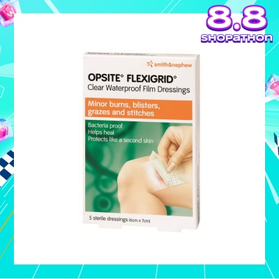 SMITH & NEPHEW OPSITE FLEXIGRID Clear Waterproof Film Dressing 6cm x 7cm 5s