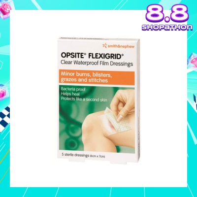 SMITH & NEPHEW OPSITE FLEXIGRID Clear Waterproof Film Dressing 6cm x 7cm 5s