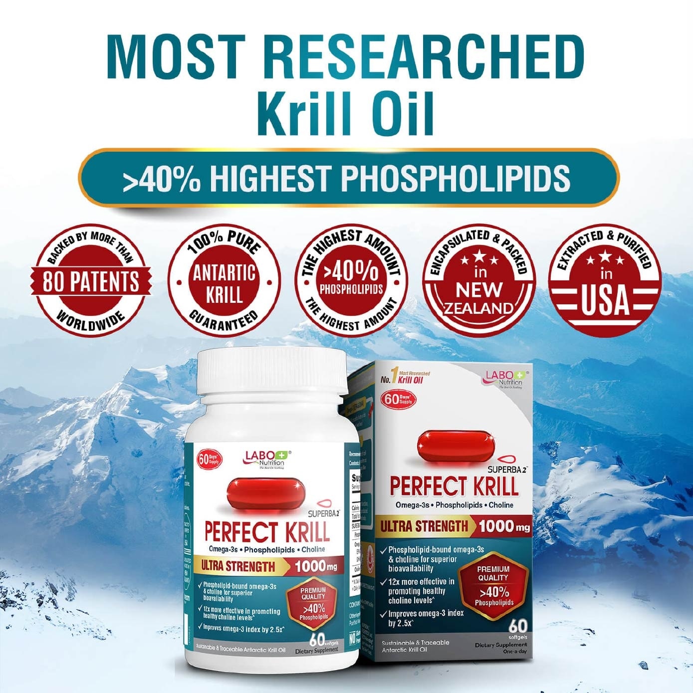 Perfect Krill Superba 2 Antarctic Krill Oil Omega-3 with Phospholipids Softgels (heart, brain, joint, and immune health) 60s