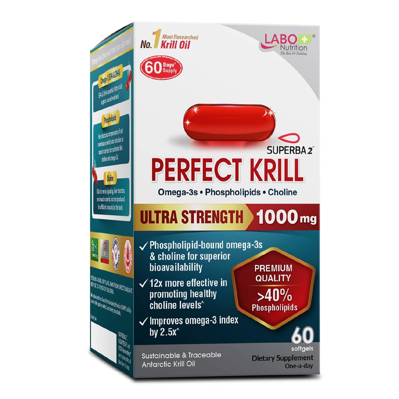 Perfect Krill Superba 2 Antarctic Krill Oil Omega-3 with Phospholipids Softgels (heart, brain, joint, and immune health) 60s