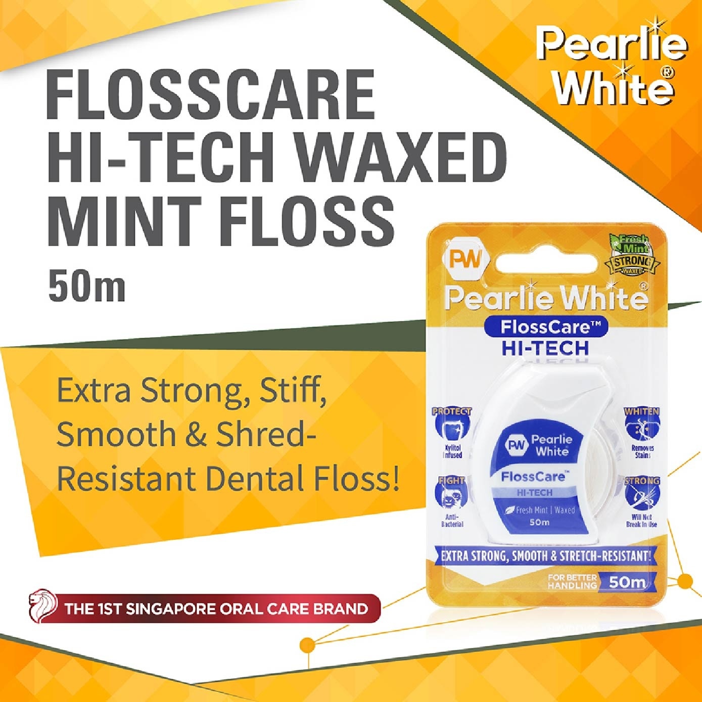 Pearlie White FlossCare Hi-Tech Waxed Fresh Mint Dental Floss 50m<BR>