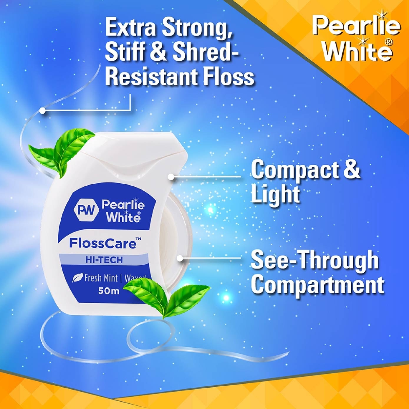 Pearlie White FlossCare Hi-Tech Waxed Fresh Mint Dental Floss 50m<BR>